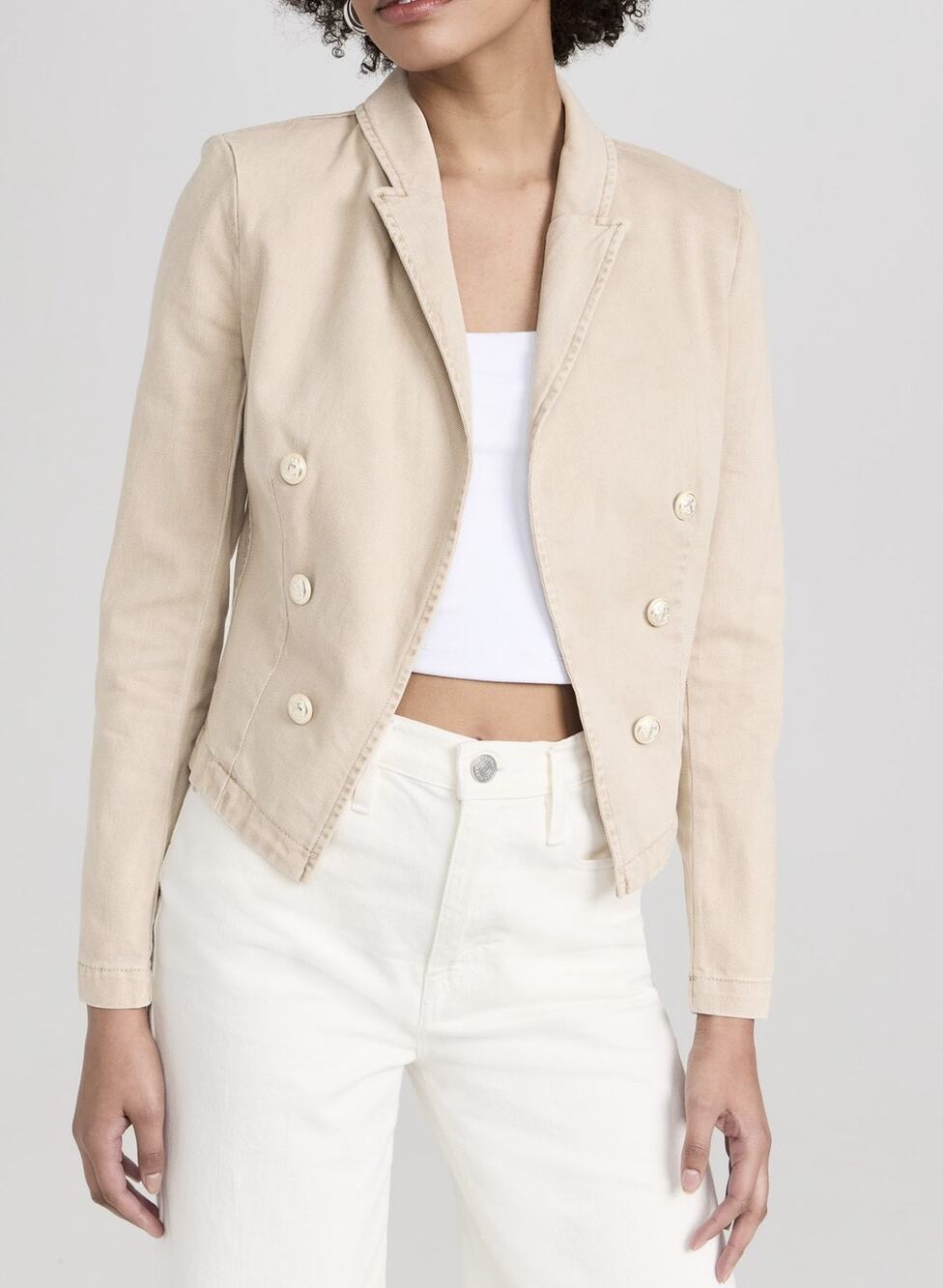 L’AGENCE Wayne Double-Breasted Denim Jacket Gold Anchor Buttons Beige XS